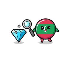 maldives flag mascot is checking the authenticity of a diamond vector
