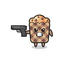 the cute muffin character shoot with a gun vector