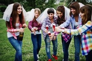 Six girls at checkered shirts drinking champagne on hen party. Group of happy girls. photo