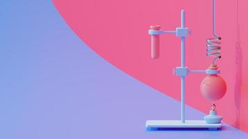 Test tube and lamp on Violet and Magenta background. Space for banner and logo. Science experiment concept, 3D render photo