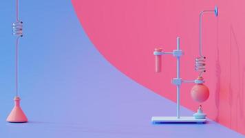 Test tube and lamp on Violet and Magenta background. Space for banner and logo. Science experiment concept, 3D render photo