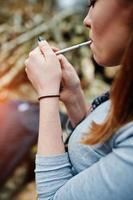 Young girl lighting cigarette outdoors close up. Concept of nicotine addiction by teenagers. photo