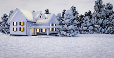 feliz festival de navidad con nieve y árbol de navidad y casa de nieve foto