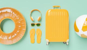 Flat lay orange suitcase with traveler accessories photo