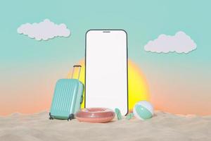 mockup of mobile phone with suitcase and beach accessories photo