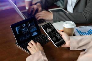 Intelligence and business analytics with dashboard concept.Website designer working in come digital tablet computer laptop. photo
