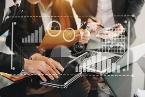 Data Management System with Business Analytics concept. business team hands working with provide information for Key Performance Indicators and marketing analysis onn virtual computer photo
