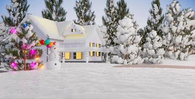 feliz festival de navidad con nieve y árbol de navidad y casa de nieve con hombre de nieve foto