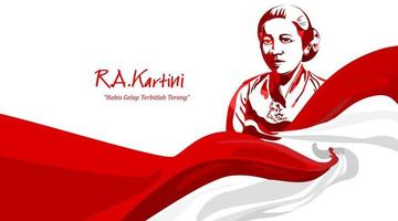 Raden Adjeng Kartini the heroes of women and human right in Indonesia. Pop art with waving flag background. - Vector