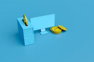 Bitcoin mining computer and coin falling to computer photo