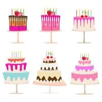 Set of birthday cakes, Sweet collection on white background. Vector illustration.