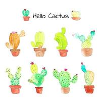 Cactus succulent plants watercolor set. Hand drawn vector illustration.