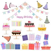 Set of happy birthday party elements. Vector illustration.