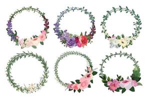 conjunto de hermosa corona de flores, conjunto de marcos florales. ilustración vectorial