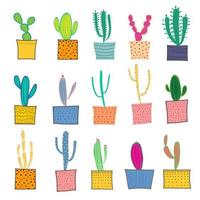 cactus dibujados a mano en las macetas. ilustración vectorial