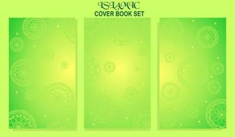 Islamic book cover set with mandala ornament background and green color vector