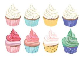 conjunto de coloridos cupcakes de dibujos animados aislados para su diseño. ilustración vectorial vector