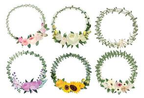 Set of beautiful flower wreath, floral frames set. Vector illustration.