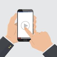 Hand pointing to play button on a smartphone to watch video tutorial. vector