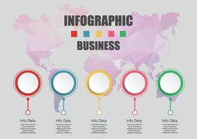 El vector de diseño infográfico y los iconos de marketing se pueden utilizar para el diseño del flujo de trabajo, el diagrama, el informe anual y el diseño web. concepto de negocio con 5 opciones, pasos o procesos.