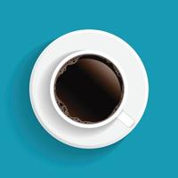 vista superior realista taza de café negro y platillo aislado sobre fondo azul. ilustración vector