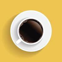 Realistic top view white coffee cup and saucer isolated on yellow background. illustration vector