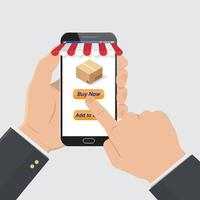 Hand hold smartphone in hand to order online. vector