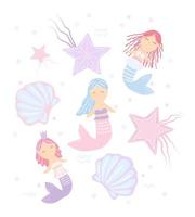 Set with mermaids with colored hair. Marine theme. Sea fairy-tale characters. vector