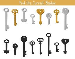 Shadow Matching Game for Children. Find the correct shadow educational task for kids. Find the right shadow for keys vector