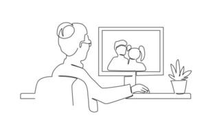 Old Woman Chatting with Her Grandkids Online. One line vector illustration. Grandmother use PC at home. Concept of elderly woman and computer