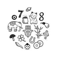 conjunto de símbolos de buena suerte y fortuna. talismanes y encantos europeos y asiáticos doodle ilustración vectorial. símbolos de éxito y prosperidad vector