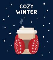 Winter Poster with Two Hands in Gloves Holding a Cup of Hot Drink. Warm and cozy winter concept. Knitted red mittens with white snowflakes. Flat vector illustration