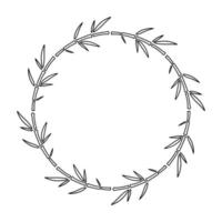 marco de círculo de bambú con hojas. garabato, contorno, vector, ilustración vector