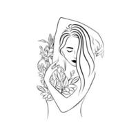 Girl with lilies black and white graphic portrait. Vector illustration