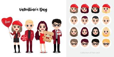 Happy Valentine's day with Lover Dating Outside together on white background and collection of Hair color cartoon character vector