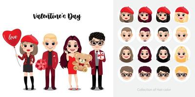 feliz día de san valentín con un amante que sale afuera juntos con fondo blanco y una colección de vectores de personajes de dibujos animados de color de cabello