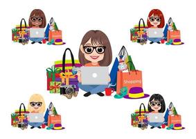 Online Shopping Concept with girl sitting on the floor, using her laptop to shopping online at home and Shopping element decorate Flat design vector