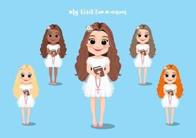 First Communion For Girls Set. Girl Holding a Bible and a Rosary Vector illustration for religious holidays