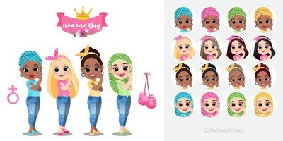 International Women's day with Diverse Girl or Girl Power standing together on white background and collection of Color cartoon character vector