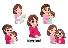 feliz día de la madre con mamás con sus hijos de diferentes edades, mujer embarazada. maternidad, paternidad, infancia, concepto de familia feliz. ilustración vectorial aislada vector