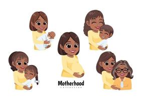feliz día de la madre con madres africanas americanas con sus hijos de diferentes edades, mujer embarazada. maternidad, paternidad, infancia, vector de concepto de familia negra feliz