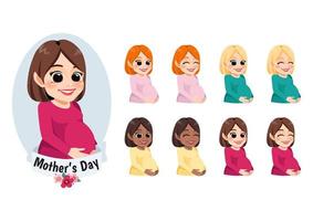 lindo perfil embarazada diverso personaje de dibujos animados de madre. ilustración vectorial de mujer. plantilla de tarjeta de feliz día de las madres vector