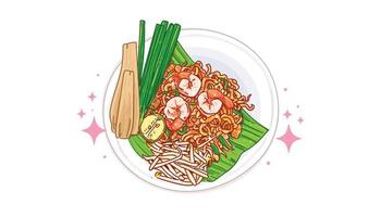 Pad thai shrimp traditional asian food menu logo doodle hand drawn cartoon art illustration vector