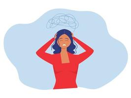 A woman holds her head with her hands, experiencing headache, stress, depression. Isolated design on a white background.Flat vector illustration.