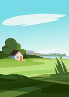 Summer landscape with house on the river bank. Natural scenery in portrait format. vector