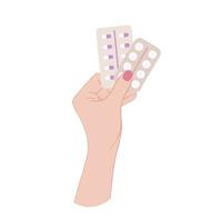 Hand with pills and capsules. Pharmacy concept, Health, medicine, treatment, doctor's appointment. Blister pack of tablets. Illustration for background and poster. Isolated on white background.