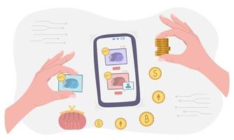 Selling NFT tokens for cryptocurrency. Buyer hand gives bitcoin, dollar, ethereum. Mobile phone with art store app. Illustration for backgrounds and posters. Isolated on white background. vector