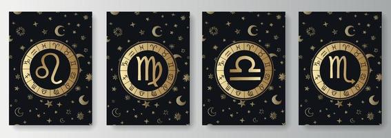Set Collection of black backgrounds with golden signs of the zodiac vector