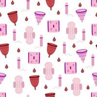 Women hygiene and health seamless pattern, menstruation period, sanitary pad, tampon, menstrual cup. Illustration for backgrounds, cover, packaging, greeting cards, textile and seasonal design. vector