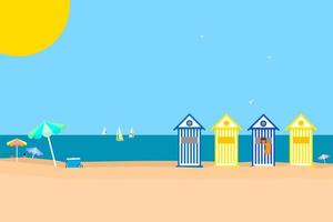 Beautiful summer beach scene with beach huts, umbrellas and yachts in the sea. Copy space vector